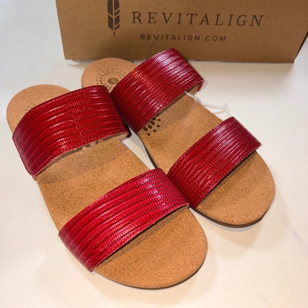 Revitalign Sullivan Slide Sandals 8.5 Red Snake Print Leather Orthotic Comfort